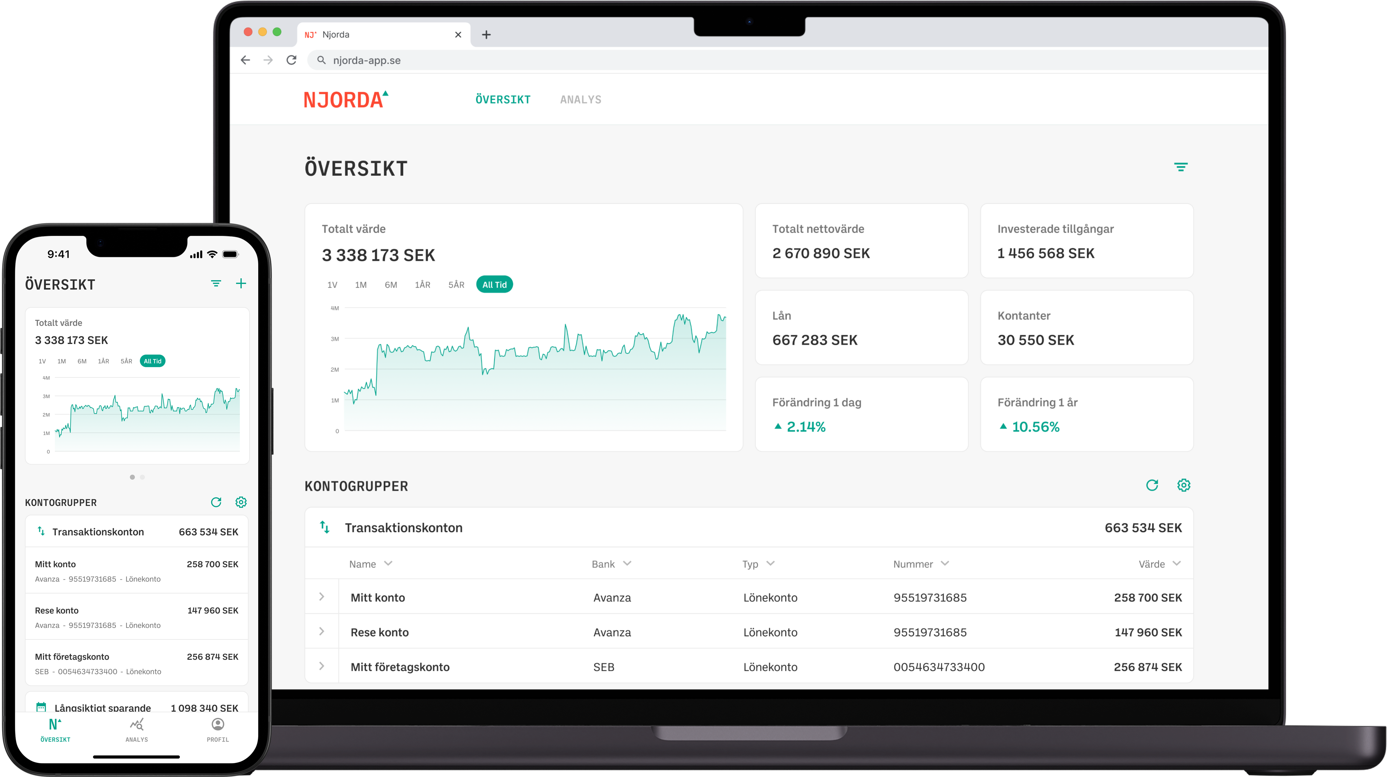 App preview showing investment tracking in mobile and desktop